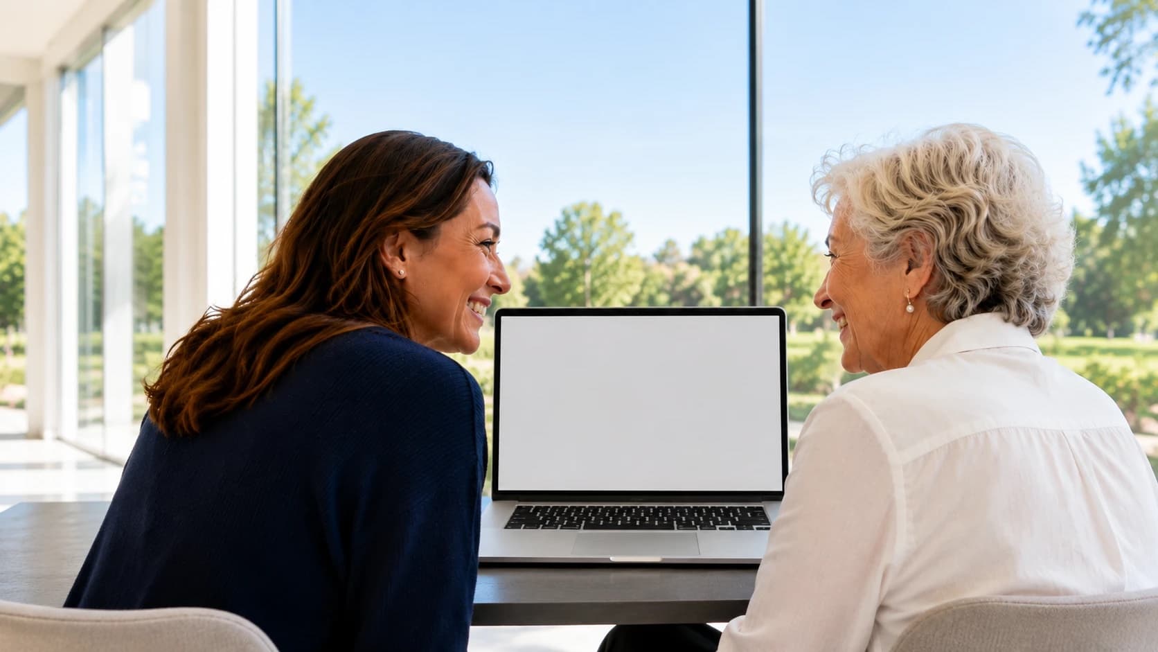 A daughter and her mother smiling at each other beside an open laptop